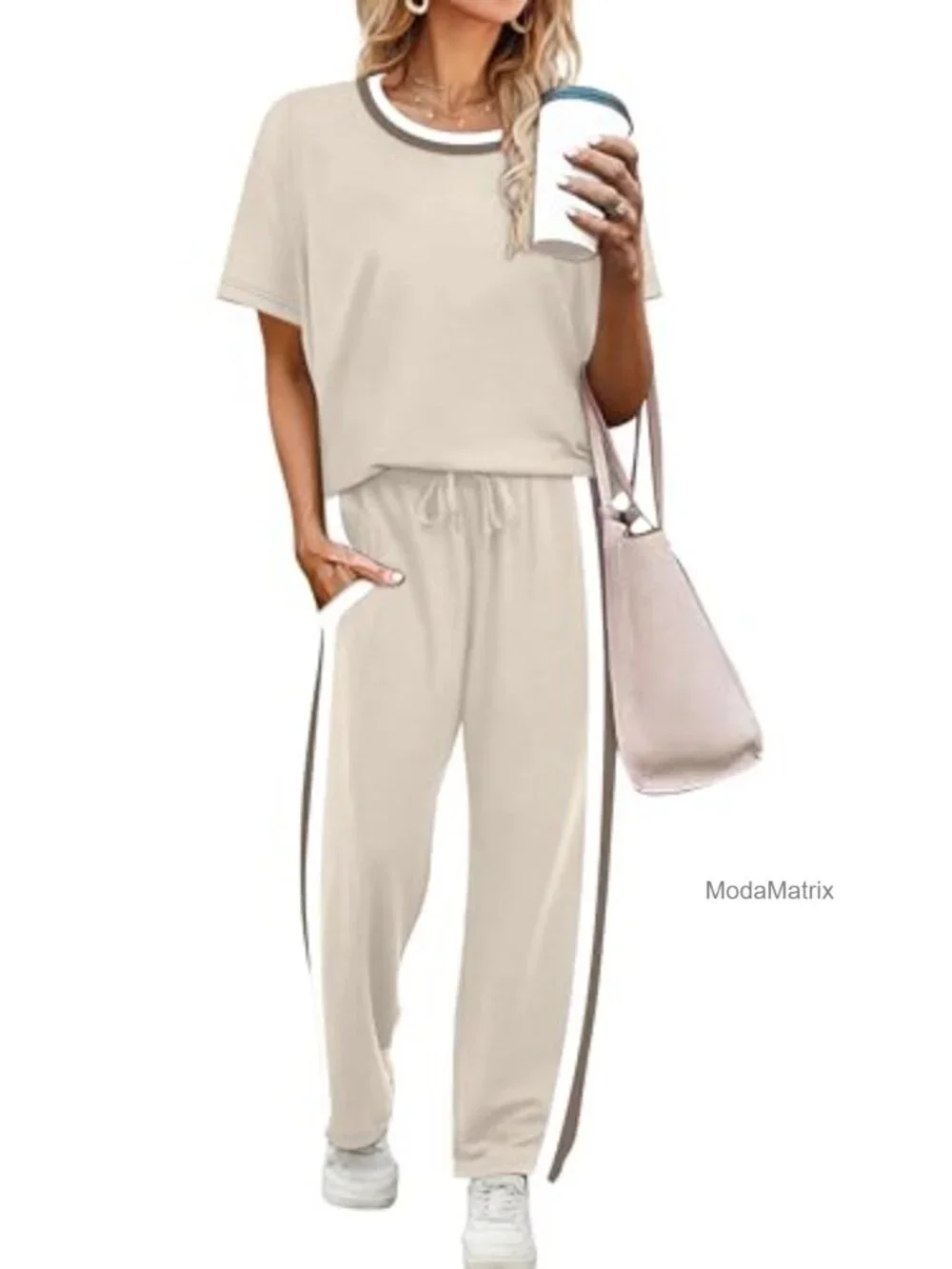 2 Piece Lounge Set for Women Short Sleeve Top Wide Leg Pants with Pockets